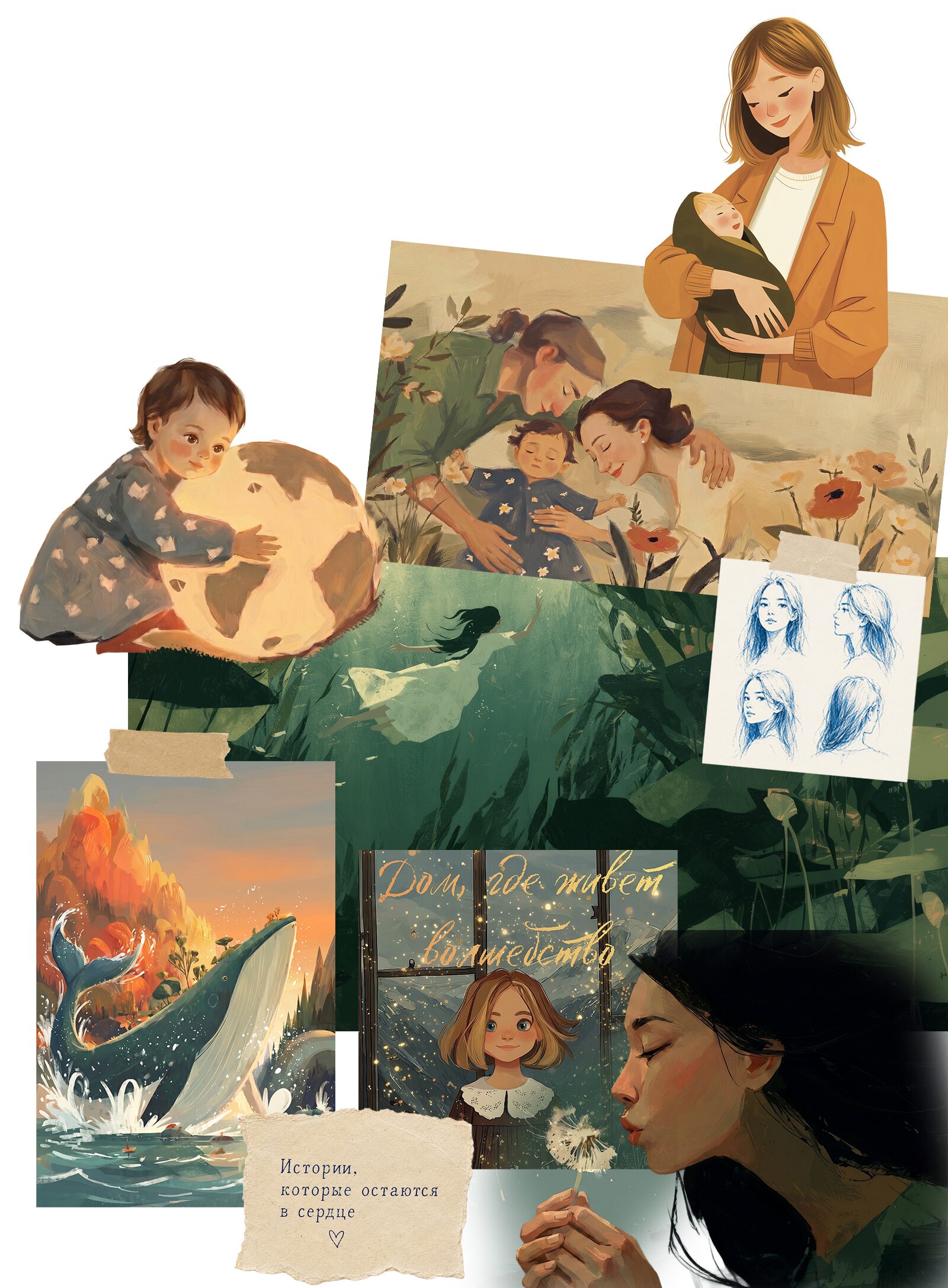 Вертикальный коллаж книжного мира с семейными иллюстрациями, сказочными сценами и эскизами