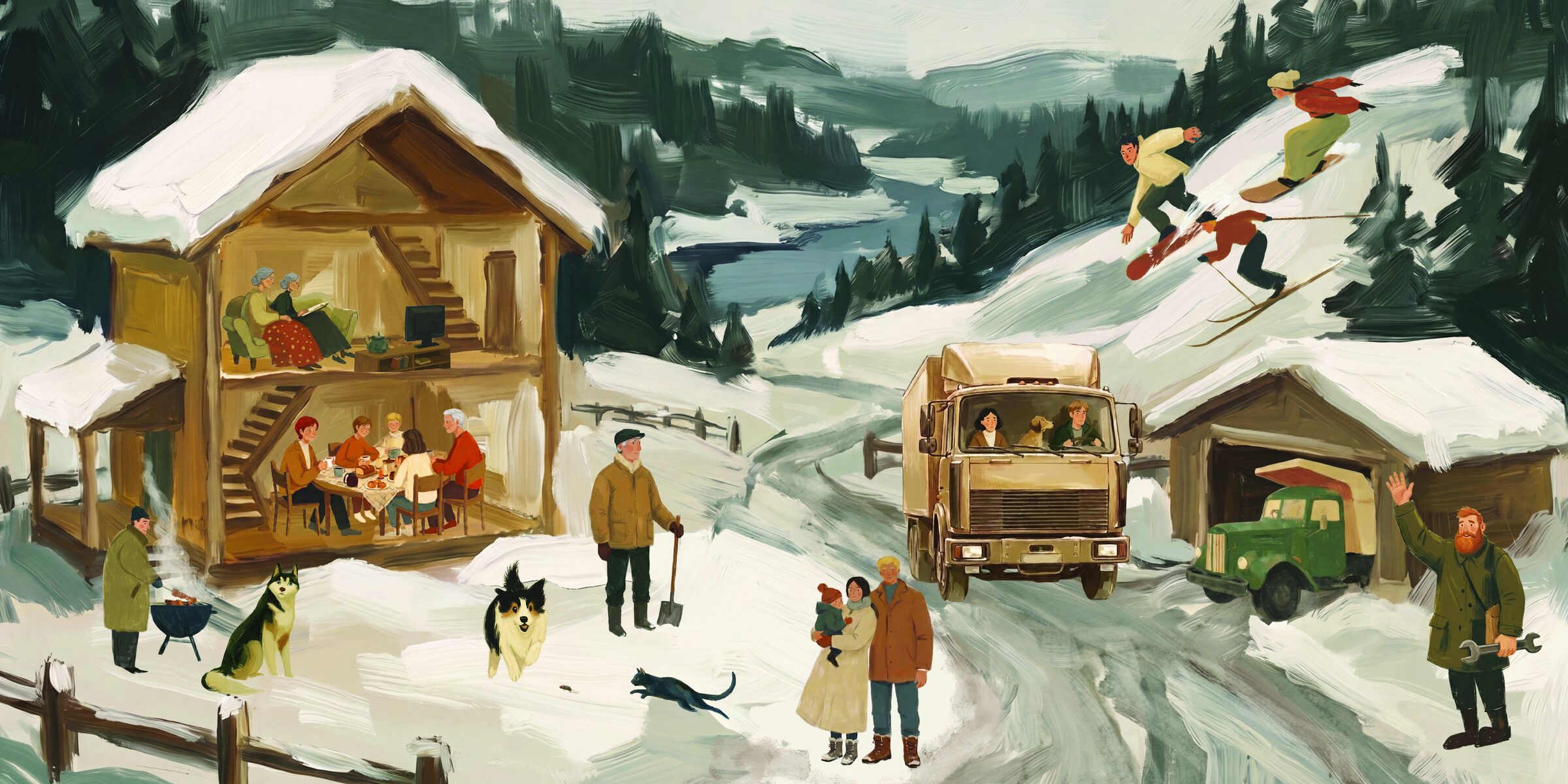 Зимняя деревня в книжной иллюстрации